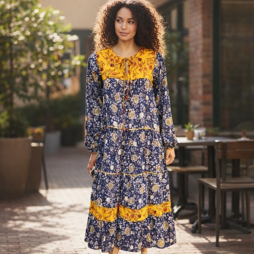 Boho Floral Cotton Tiered Midi Dress Yellow & Navy Size Medium